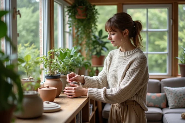 Jeune femme arrangeant deco dans un salon lumineux