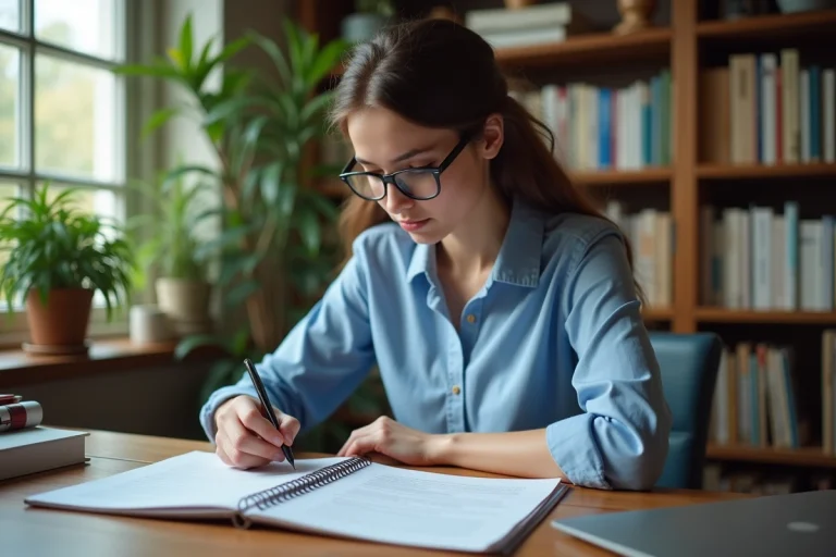 Jeune femme écrivant dans un bureau à domicile