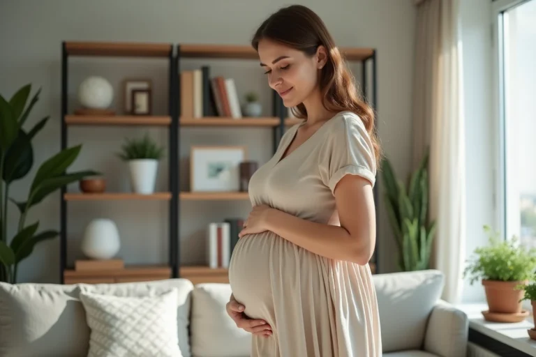 Femme enceinte dans un intérieur lumineux et moderne