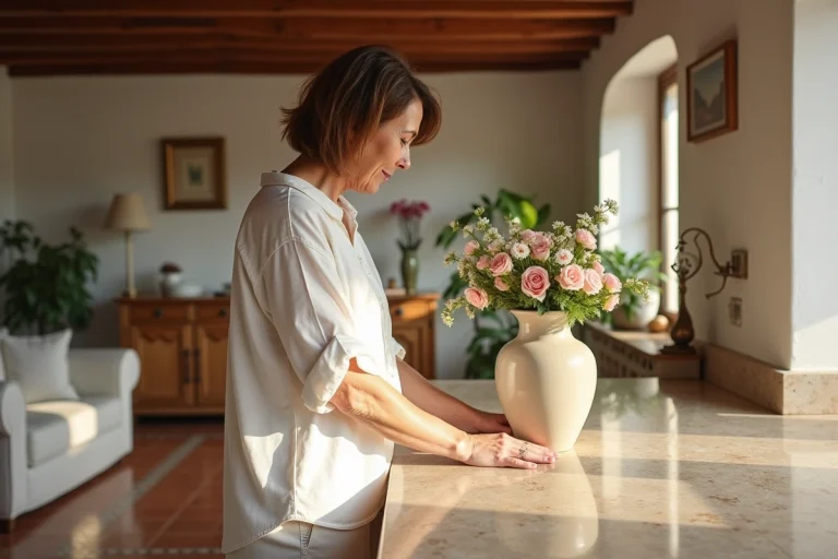 Femme arrangeant des fleurs dans une cuisine méditerranéenne chaleureuse