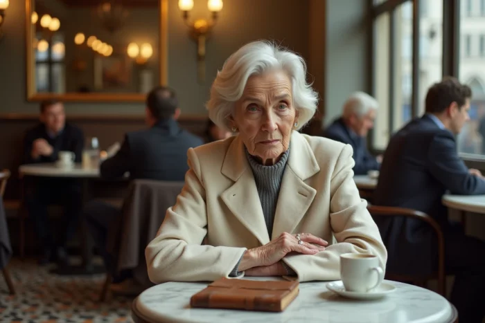 Femme française raffinée en manteau cachemire dans une brasserie parisienne classique avec script de théâtre