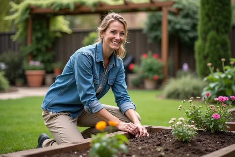 Femme en jardinage plantant des fleurs colorées dans un jardin