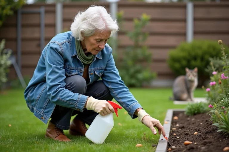 Femme âgée en denim vaporise du vinaigre dans le jardin