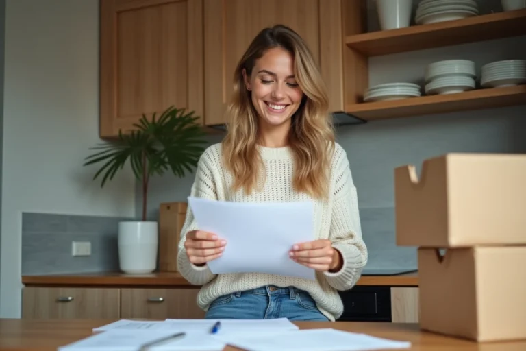 Jeune femme souriante lit des documents dans une cuisine moderne