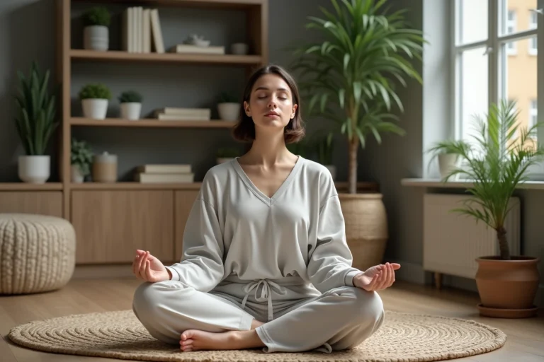 Femme en méditation dans un salon cosy et végétal