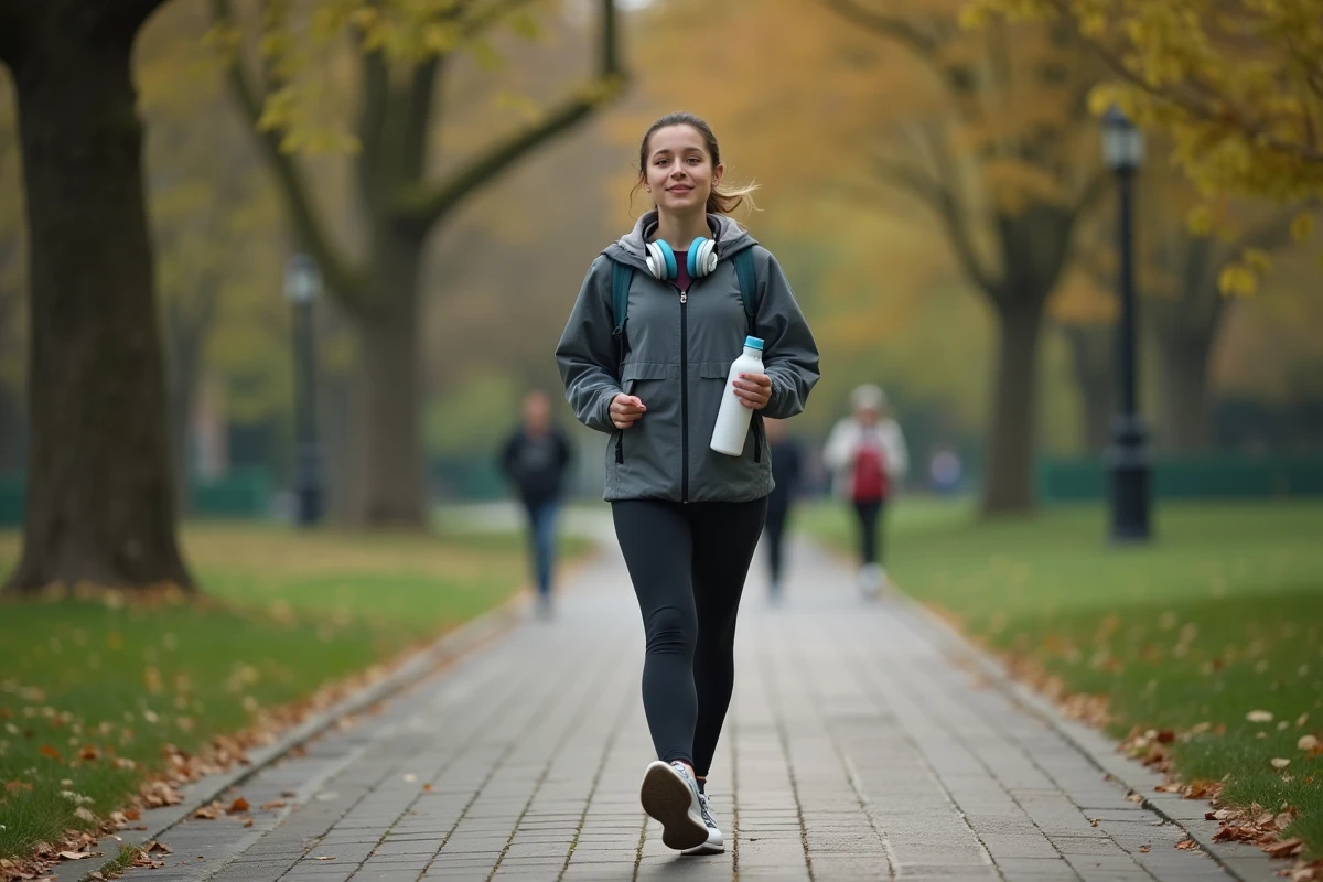 Femme en marche consciente dans un parc urbain