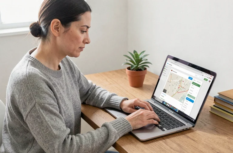 Femme naviguant sur un plan de site de santé via un ordinateur portable dans un bureau à domicile moderne