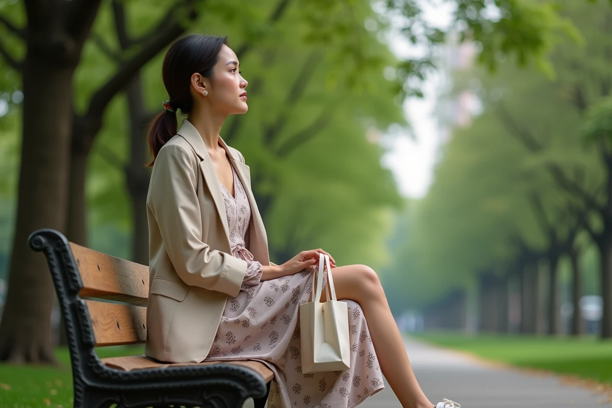 Jeune femme assise dans un parc portant une robe élégante