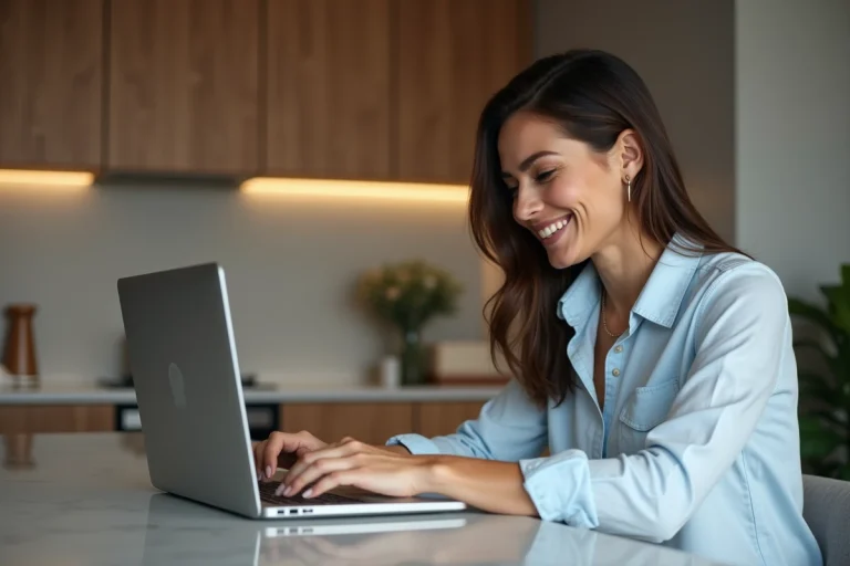Femme souriante recherche immobilier sur son ordinateur