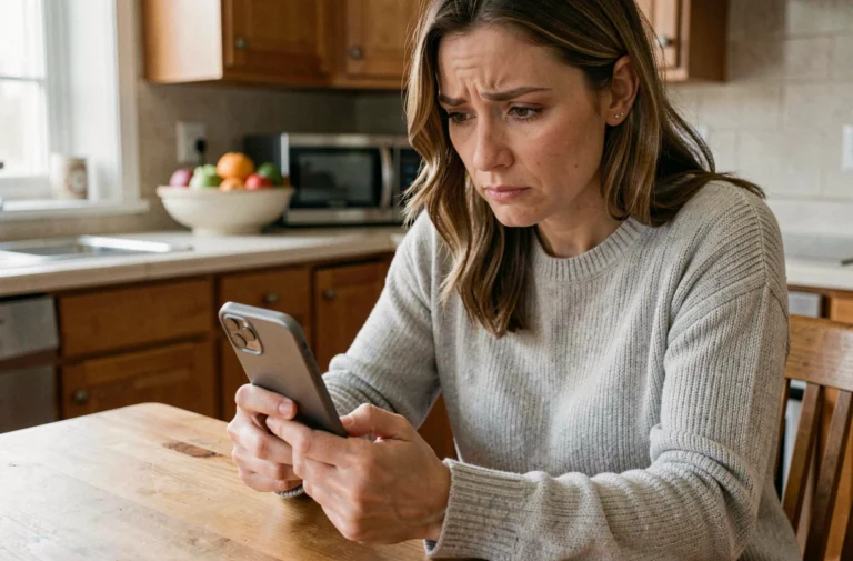 Femme consultant un annuaire inversé gratuit sur smartphone dans une cuisine