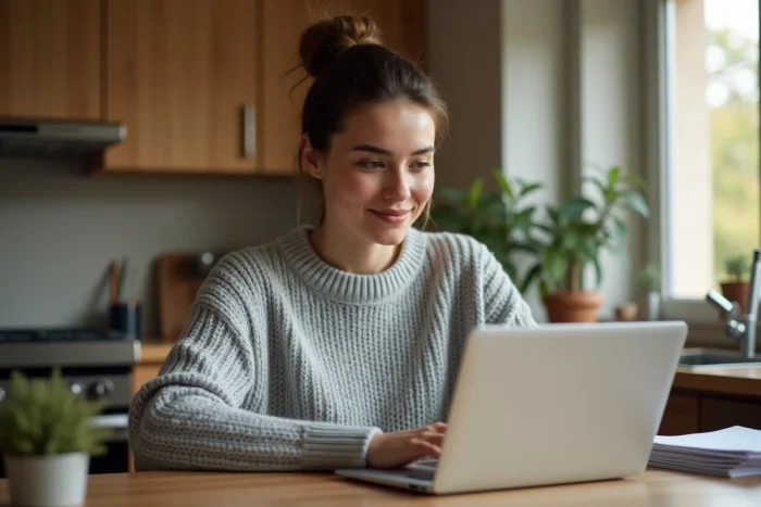Femme consultant son relevé de compte bancaire CIC en ligne sur un ordinateur portable à son bureau à domicile