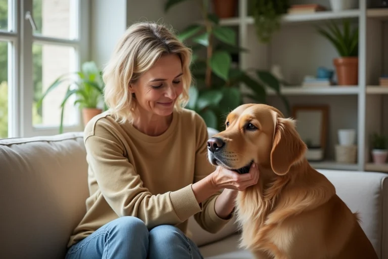 Femme caressant un retriever dans un salon lumineux