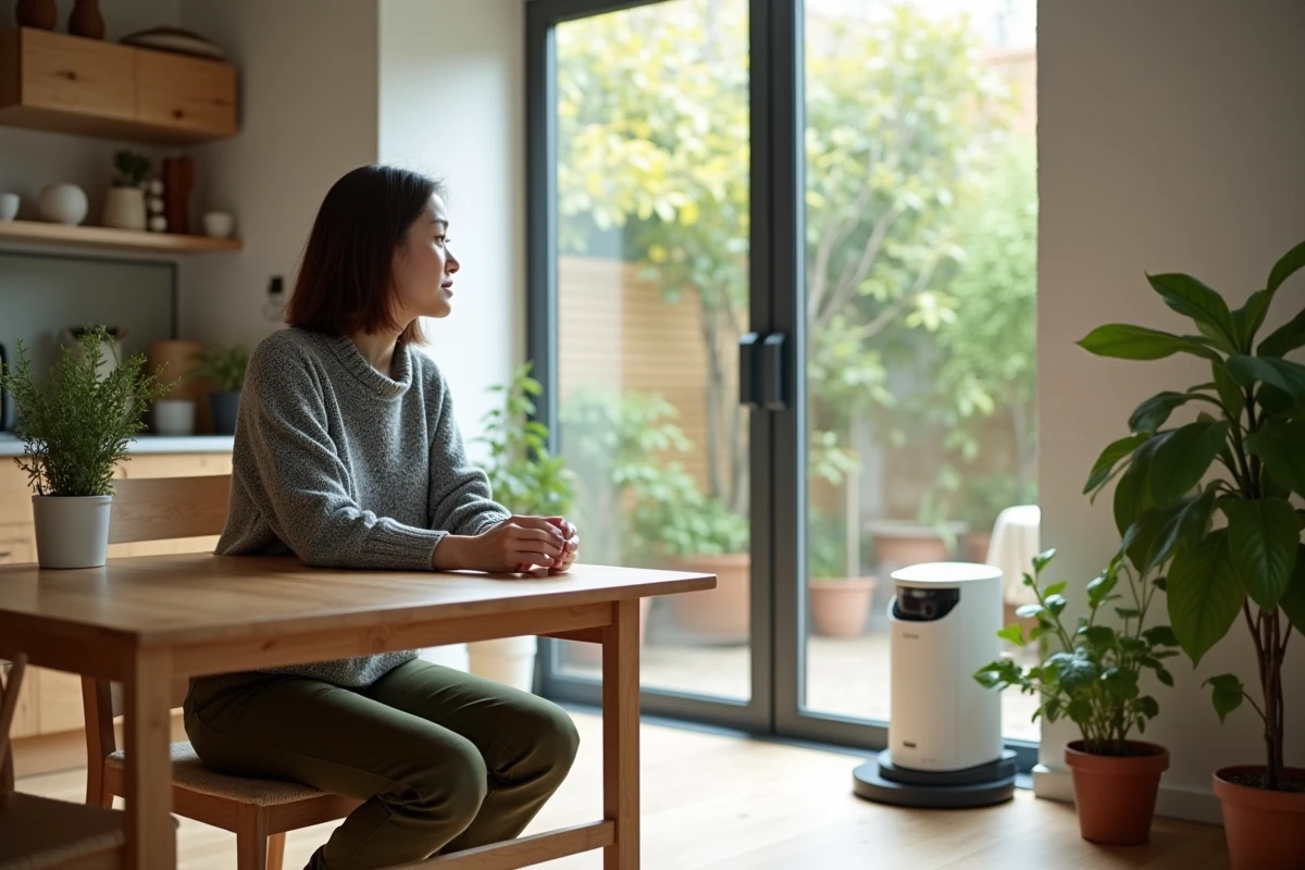 Jeune femme regardant un robot nettoyant une porte-fenêtre dans une maison lumineuse