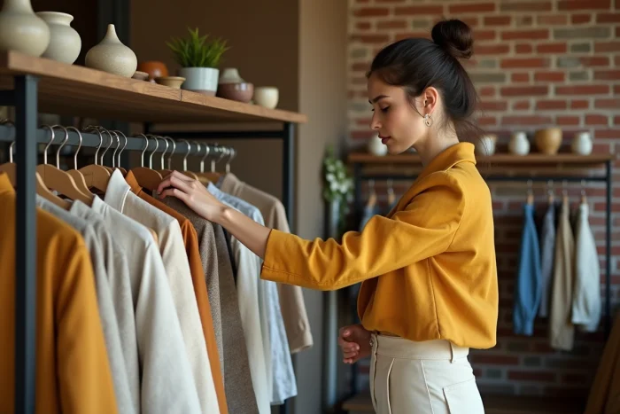 Femme parcourant un portant de vêtements tendance dans une boutique concept store originale aux murs en briques apparentes