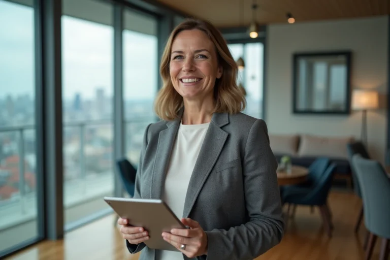 Femme souriante avec blazer dans un appartement moderne