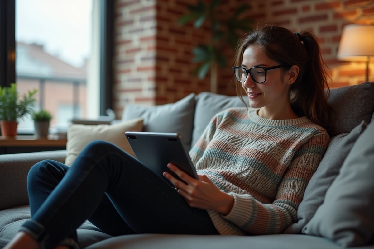 Femme détendue avec une tablette dans un salon urbain