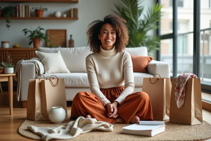 Femme assise entourée de ses trouvailles shopping tendance incluant objets artisanaux et accessoires uniques dans un appartement cosy