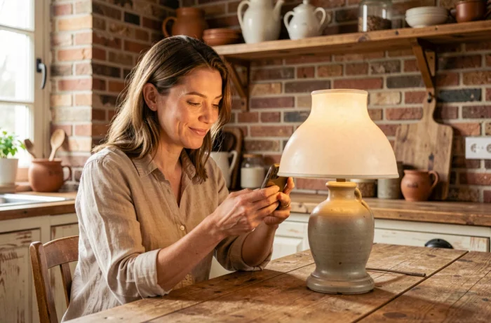 Femme vendant un objet vintage en ligne depuis sa cuisine belge, alternative au Bon Coin