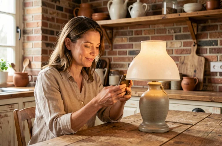 Femme vendant un objet vintage en ligne depuis sa cuisine belge, alternative au Bon Coin