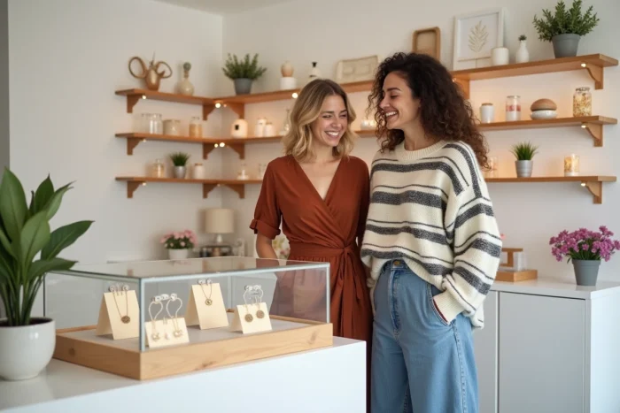 Deux femmes découvrant des bijoux artisanaux uniques dans une boutique indépendante au décor minimaliste et élégant