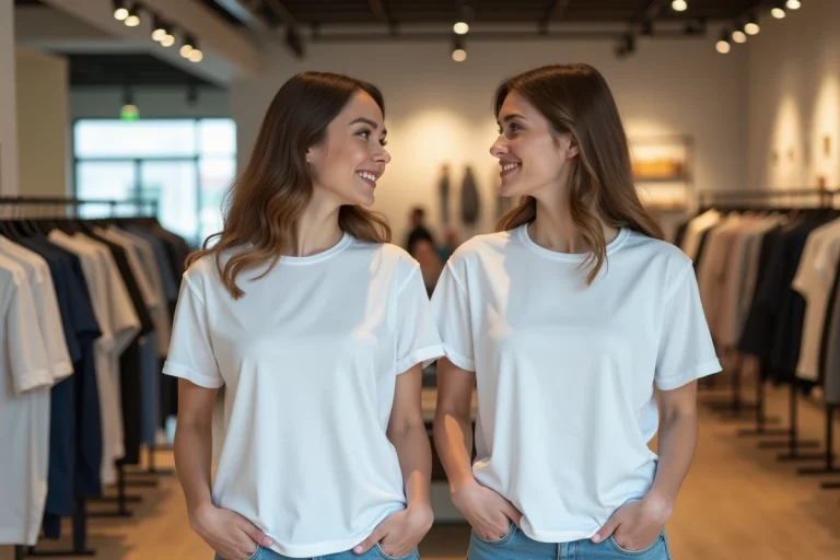 Deux femmes en t-shirts blancs dans un magasin de vêtements