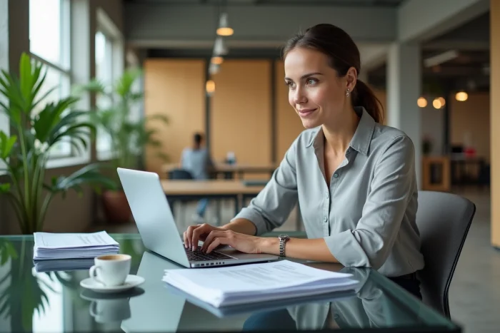 Femme cadre consultant des documents fiscaux liés au plan épargne entreprise sur son lieu de travail