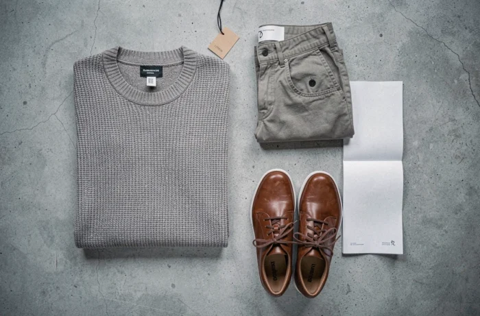 Flat lay de vêtements et chaussures de la marque sonstige sur béton gris, astuces mode et conseils style