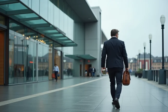 Homme d'affaires marchant vers l'entrée de la gare Lille Europe dans le quartier Euralille
