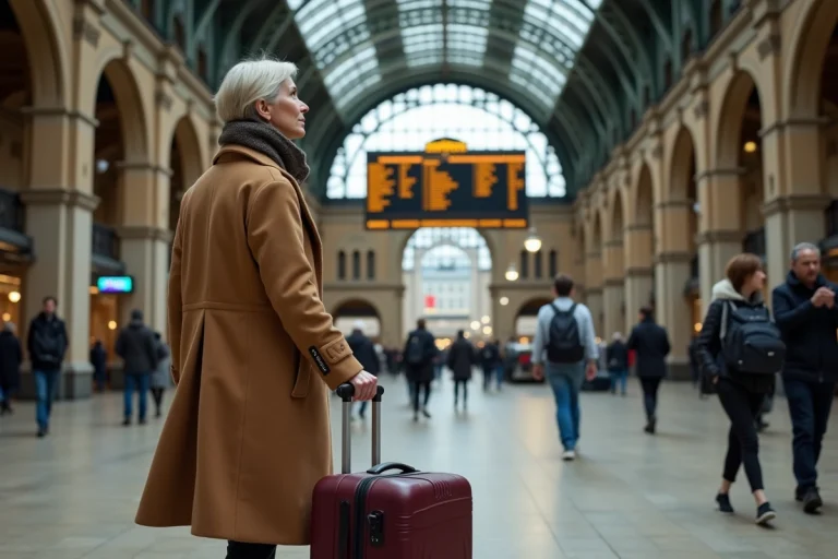 Voyageuse avec valise consultant le tableau des départs à la gare de Lille Flandres