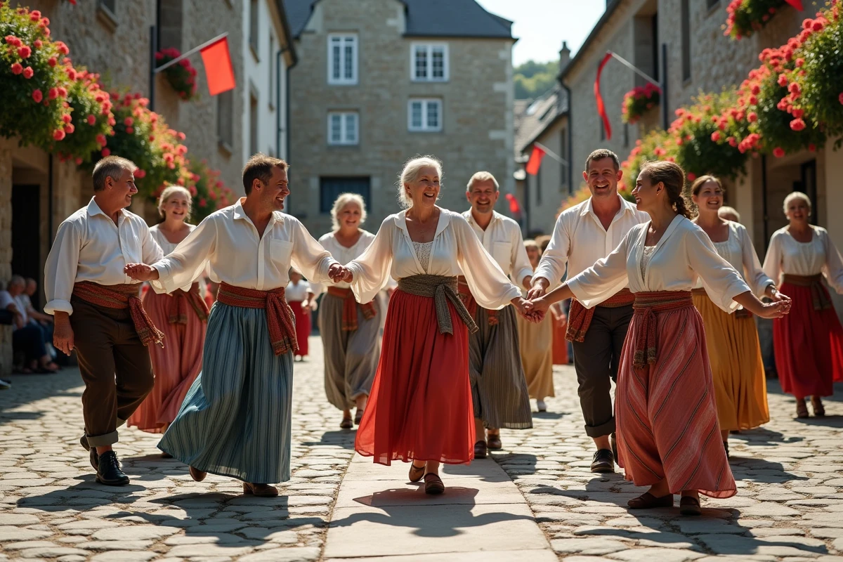 Groupe de Bretonnes et Bretons dansant lors d