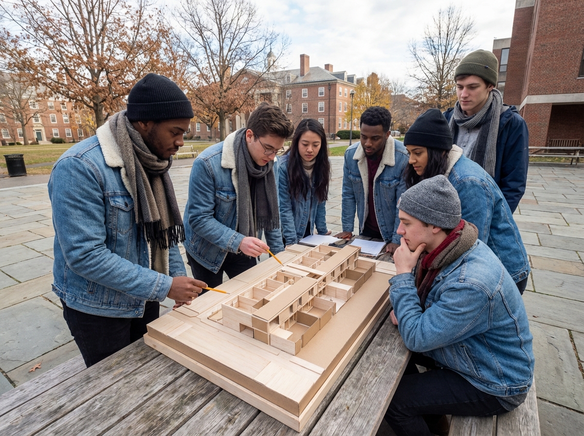 Groupe d etudiants en extérieur examinant un modele architectural