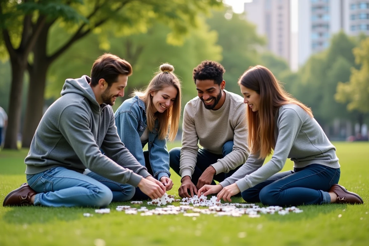 Groupe de jeunes adultes assemblant un puzzle en plein air