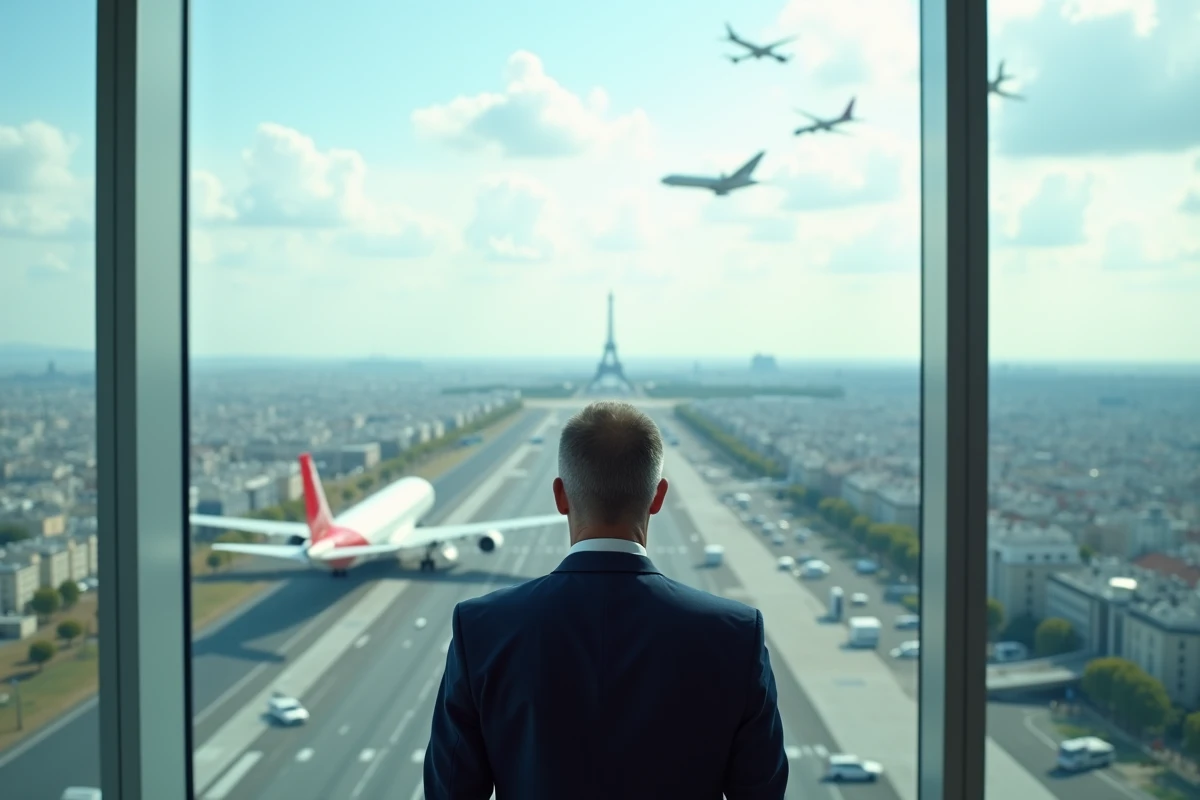 Homme regardant les avions dans un aéroport parisien