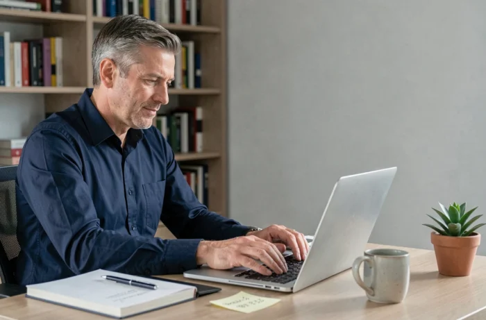 Homme utilisant un annuaire inversé en ligne sur ordinateur portable dans un bureau à domicile