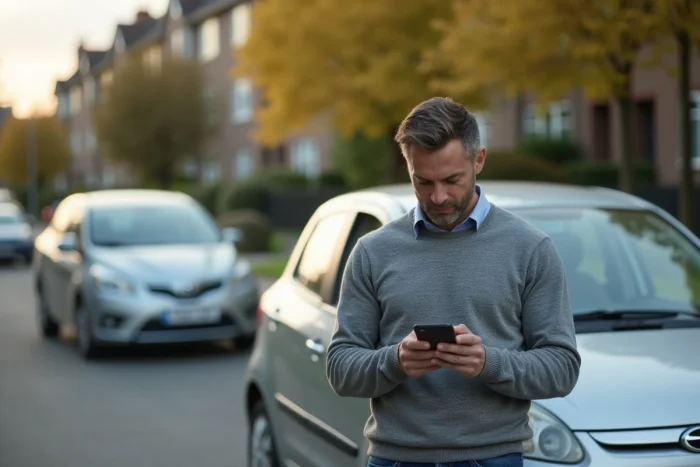 Homme debout près de sa voiture consultant une application de comparaison d'assurance auto sur smartphone
