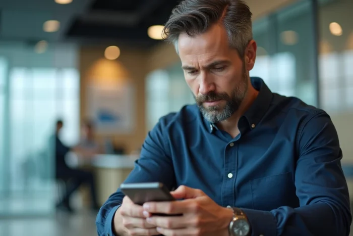 Homme accédant à son relevé bancaire CIC depuis une application mobile dans une agence bancaire moderne