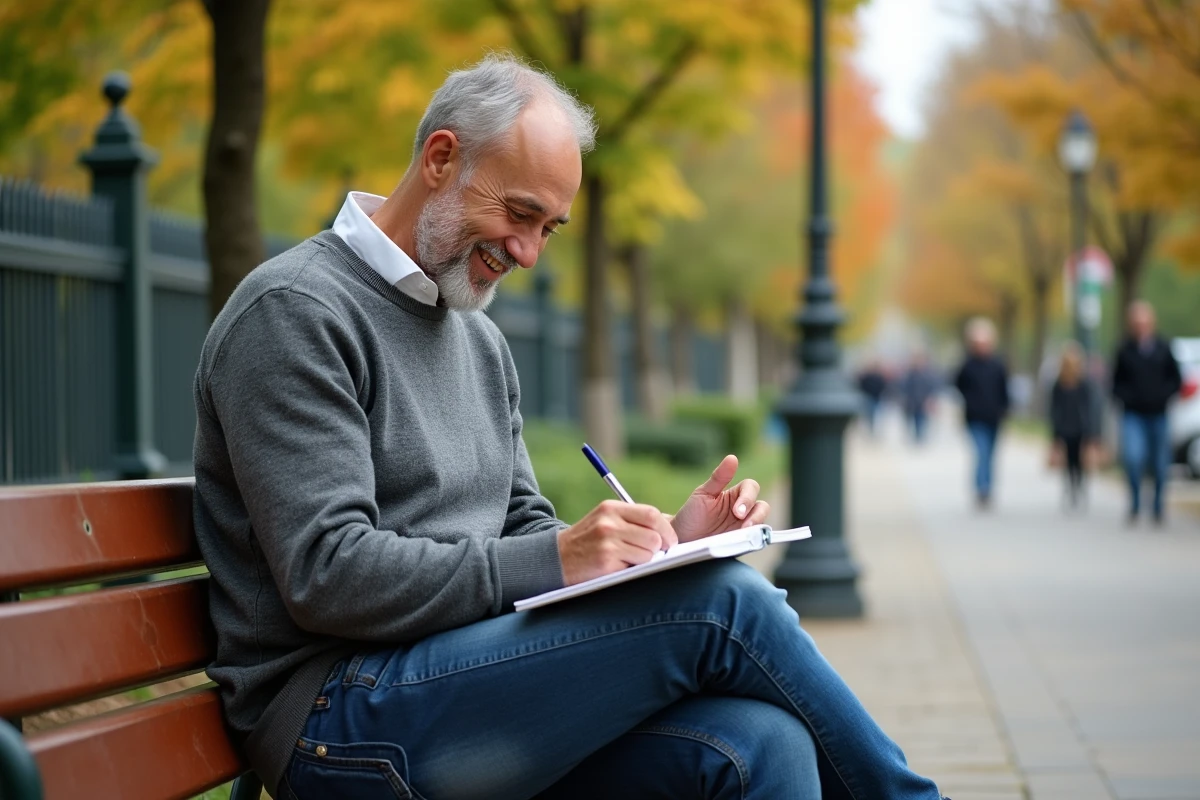 Homme souriant note ses finances dans un parc urbain