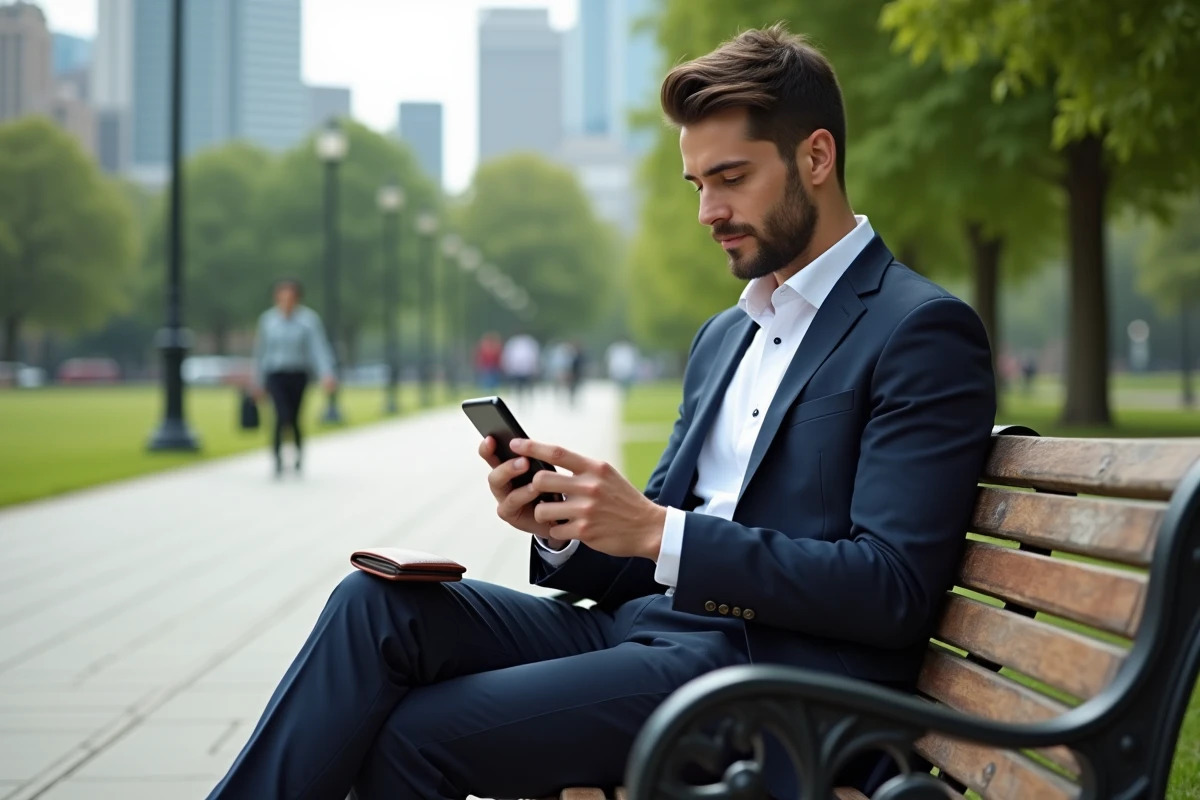 Homme en costume utilisant une application de budget en extérieur