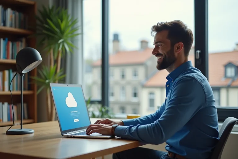 Homme en bureau moderne utilisant un ordinateur pour gérer le cloud