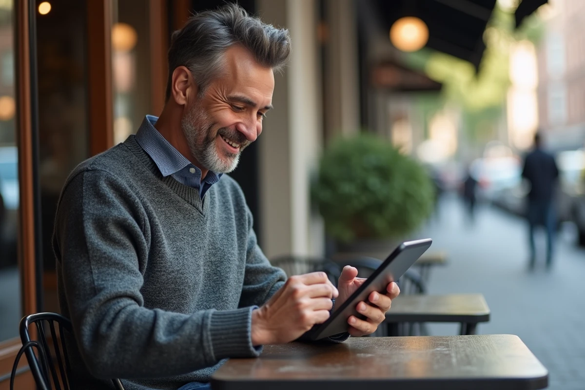 Homme décontracté au café utilisant sa tablette pour gérer ses emails