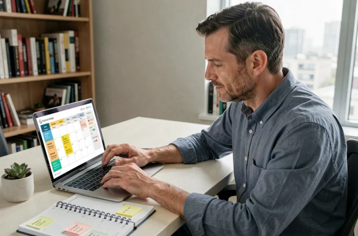 Homme consultant un calendrier numérique des jours fériés 2026 dans un bureau à domicile pour planifier ses vacances