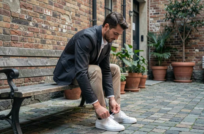 Homme lacant ses chaussures de la marque sonstige dans une cour urbaine en briques, guide style et origine