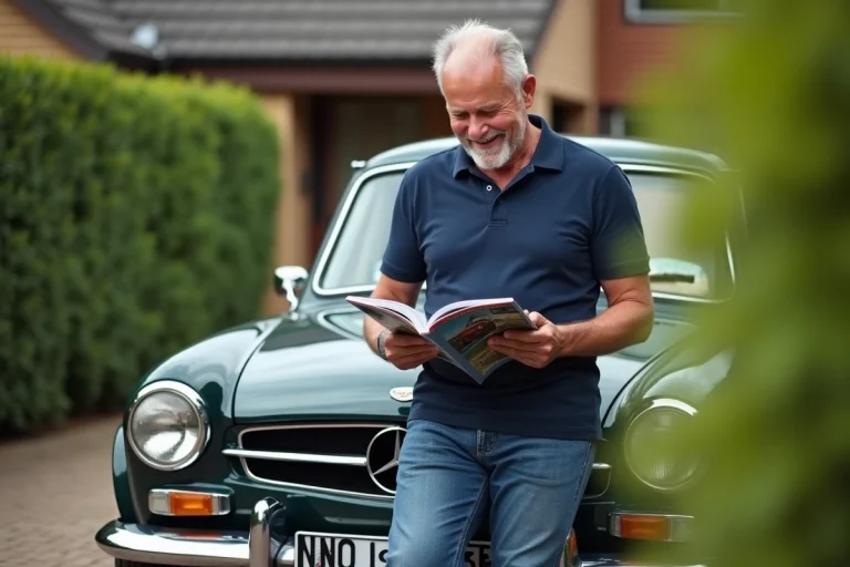 Homme d'âge moyen lisant un magazine auto près d'une voiture vintage