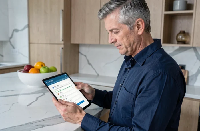 Homme consultant un plan de site d'assistant santé sur une tablette dans une cuisine moderne