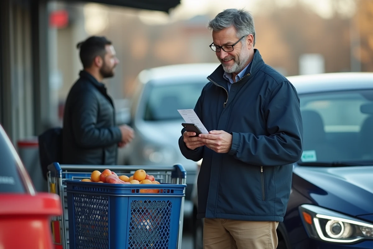 Homme satisfait avec ses courses au drive Leclerc dehors