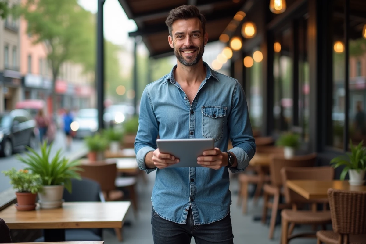 Homme entrepreneur dans un café urbain avec tablette et ambiance animée