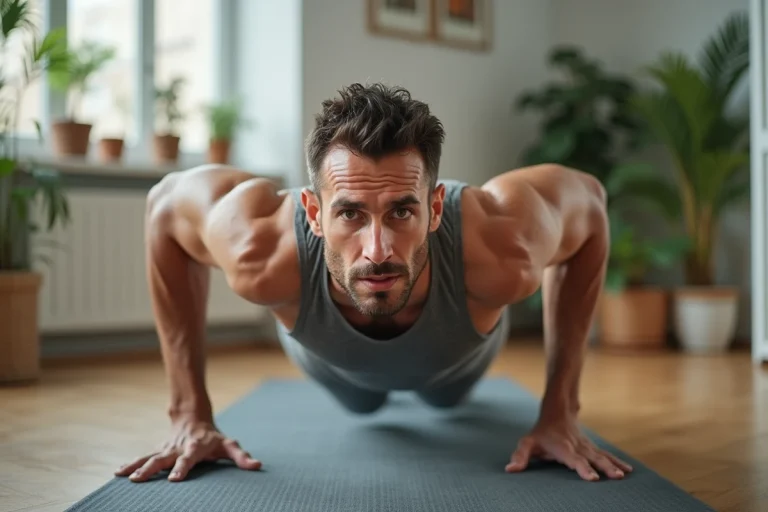 Homme en pleine séance de push-ups dans un salon lumineux