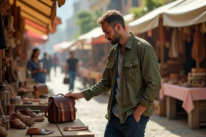 Homme examinant un sac artisanal en cuir sur un marché de créateurs en plein air, entouré d'objets uniques et faits main