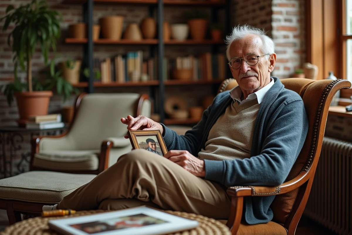 Homme âgé organisant photos de famille dans un salon chaleureux