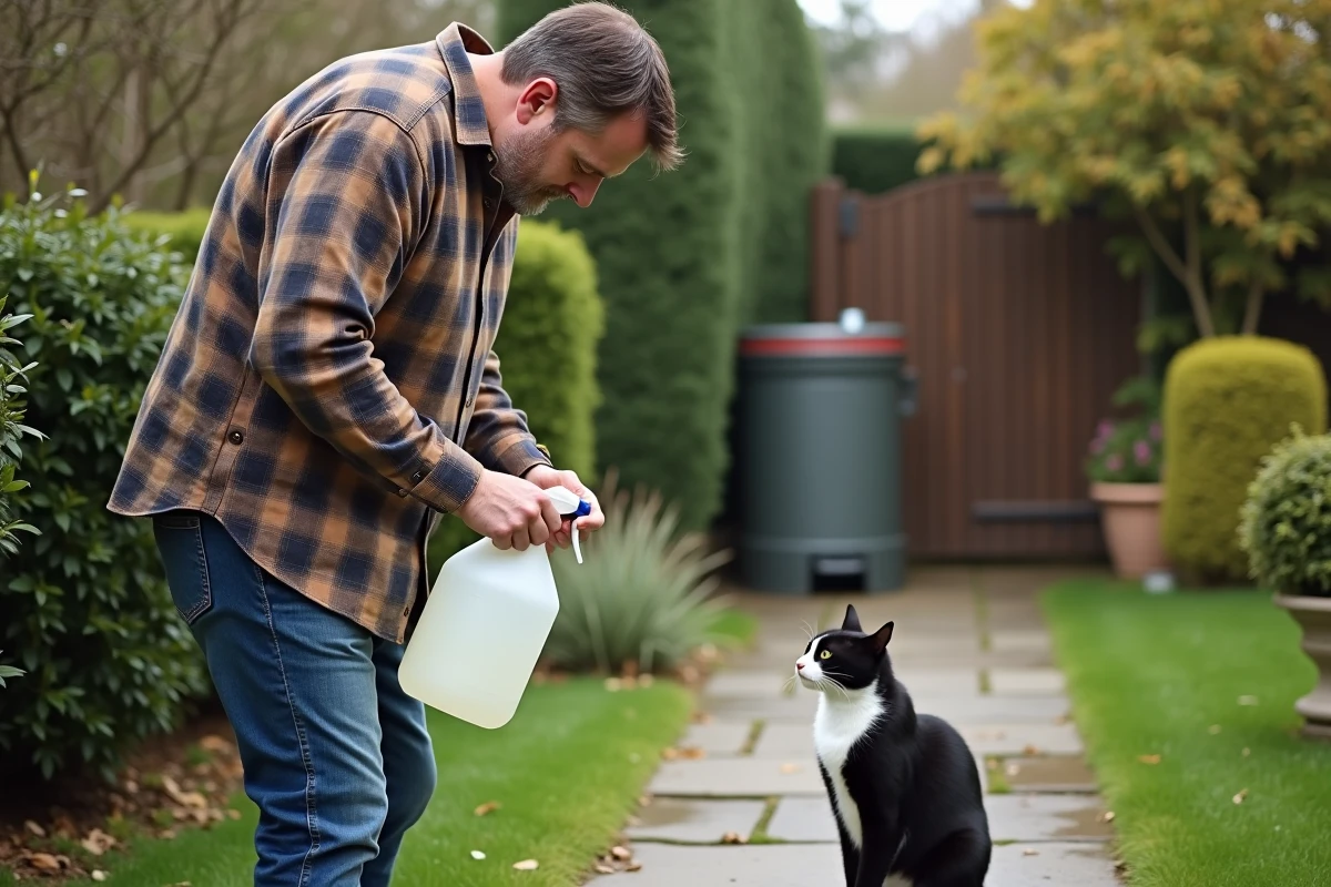 Homme versant du vinaigre dans un flacon dans le jardin